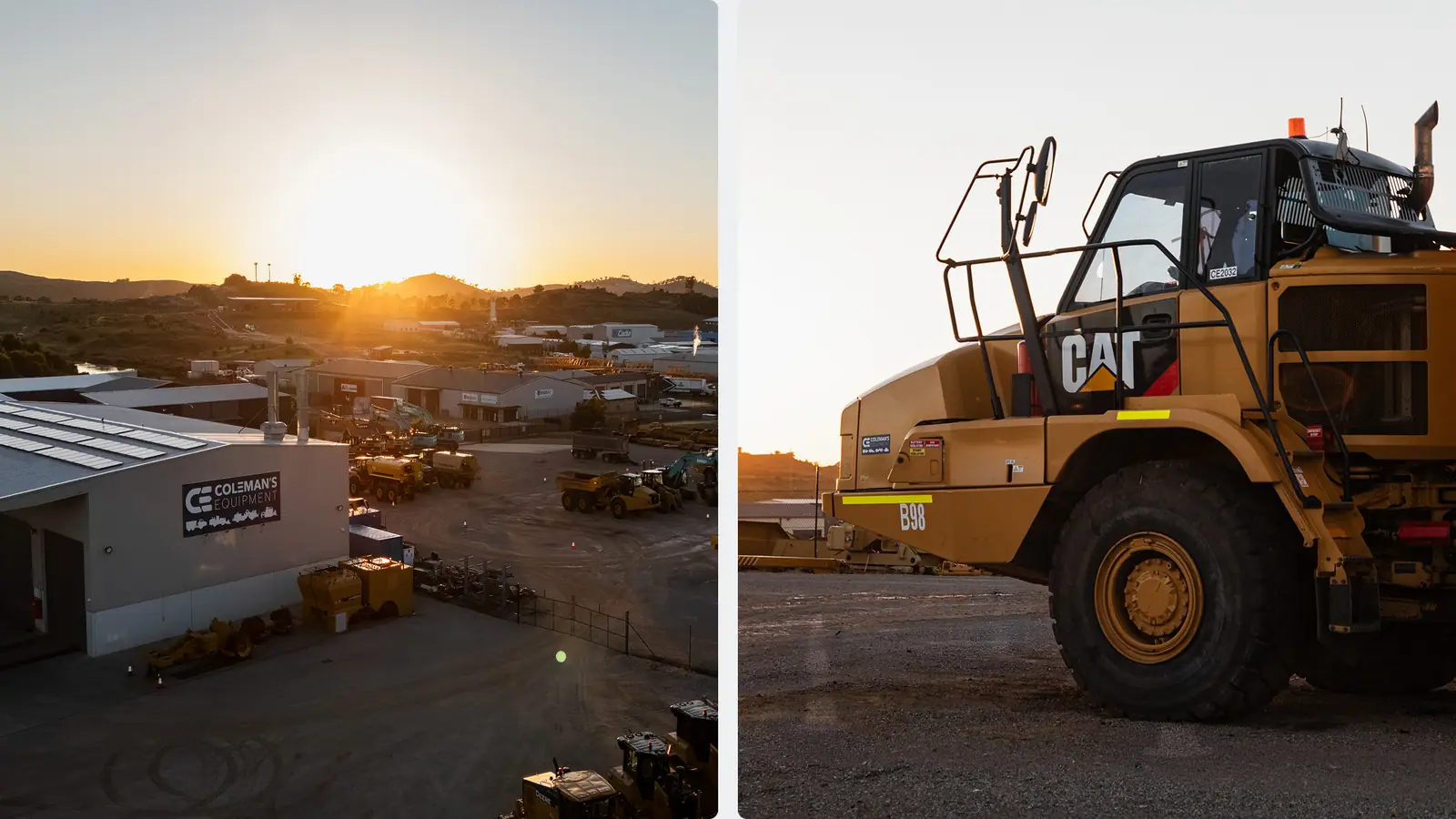 Coleman's Equipment yard at sunrise beside a close-up of a CAT dump truck