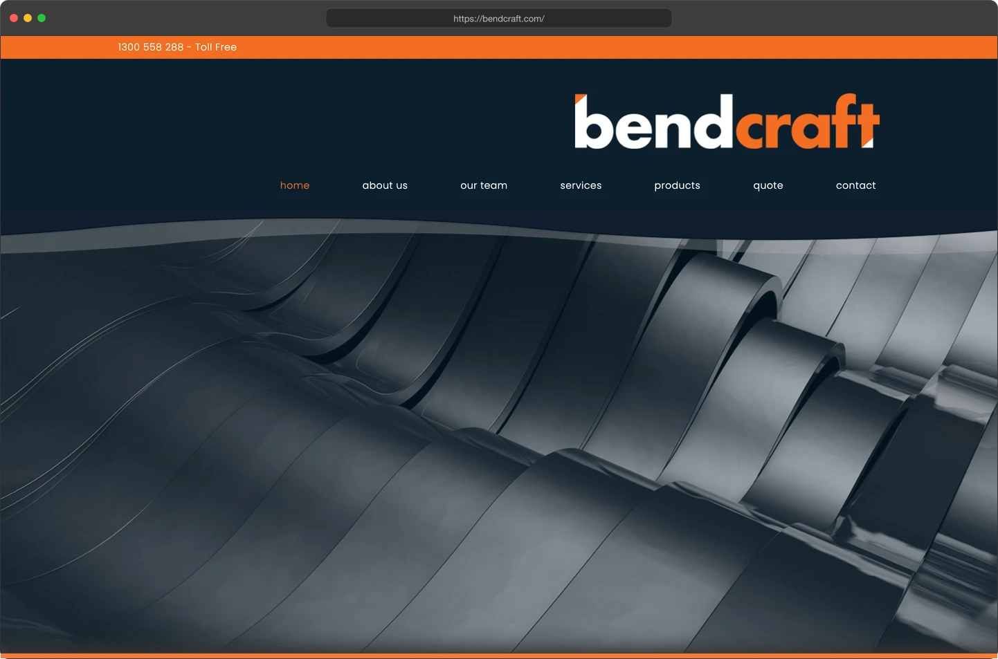 Bendcraft homepage shown in a desktop browser mockup with the logo, navigation, and a metal fabrication hero image