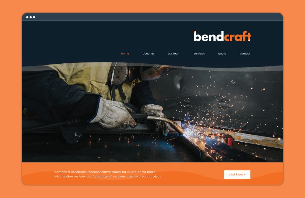 Bendcraft website mockup featuring a welder working with sparks on an orange background