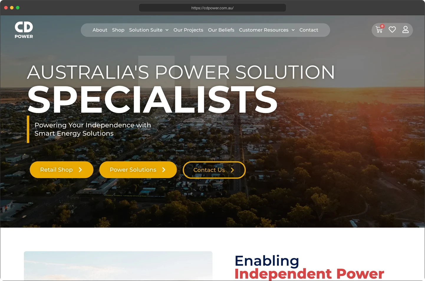 CD Power website homepage mockup showing the headline Australia's Power Solution Specialists