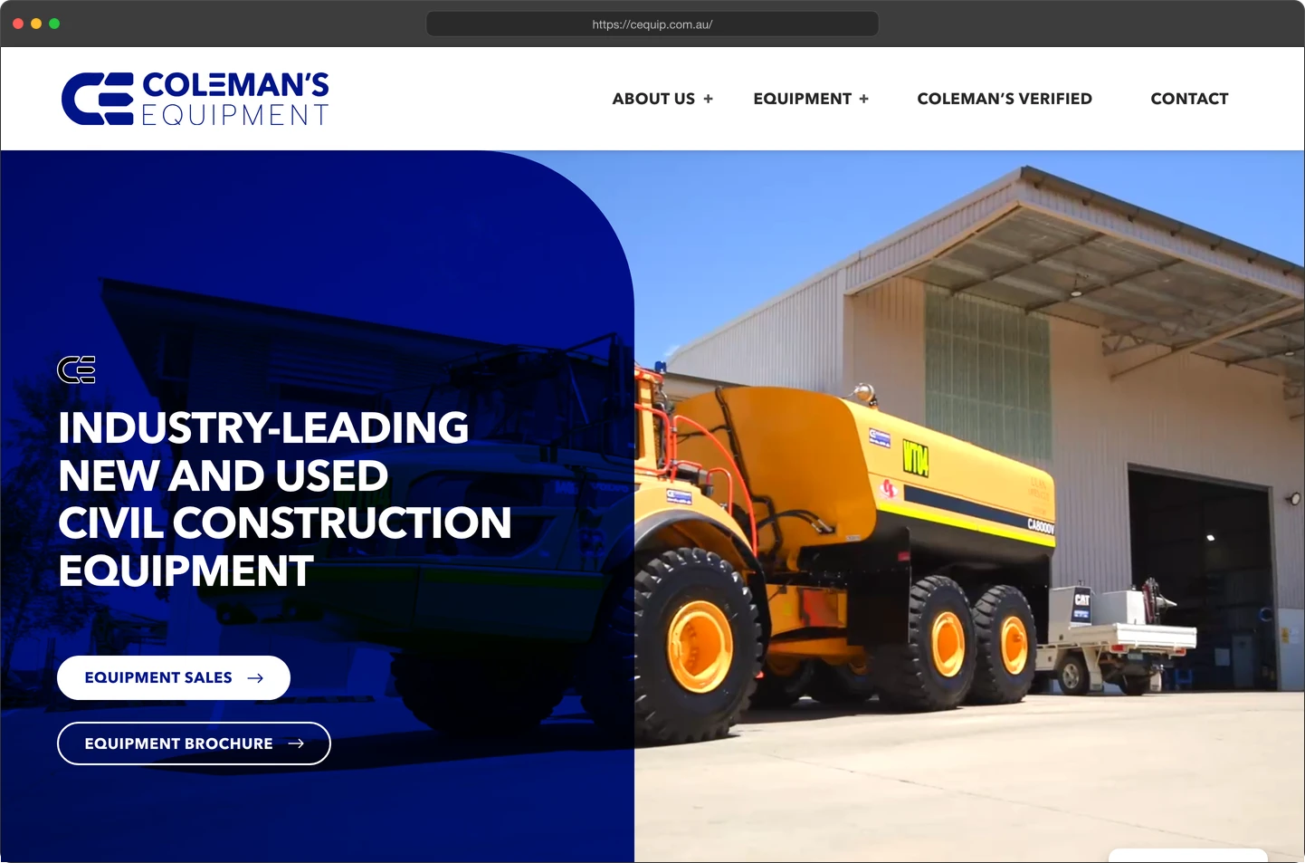 Coleman's Equipment website homepage with machinery imagery and direct sales pathways