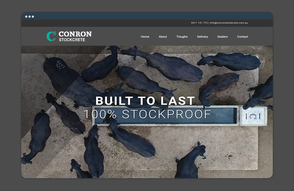 Conron Stockcrete website mockup showing cattle around a concrete trough with the text Built to Last 100% Stockproof