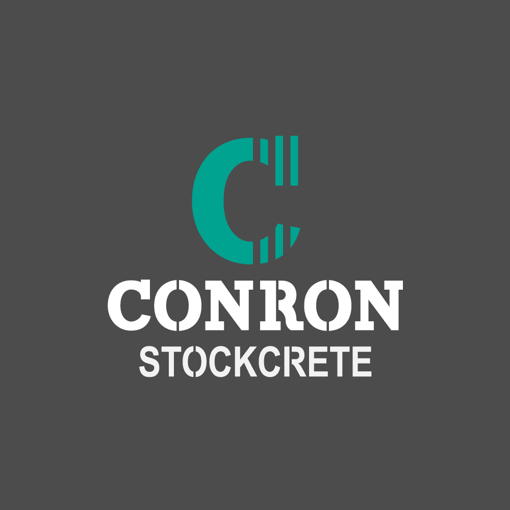 Conron Stockcrete logo in teal and white on a dark gray background
