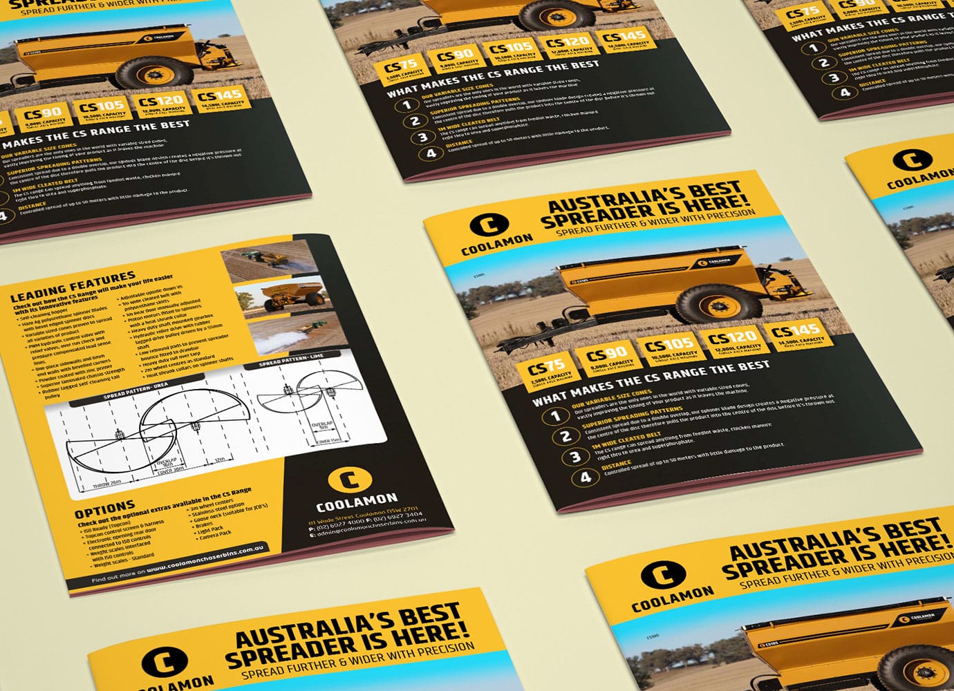 Printed Coolamon spreader brochures laid out with yellow and black machinery graphics
