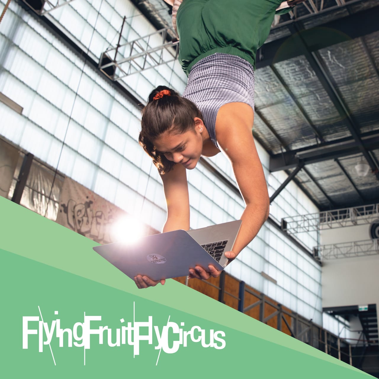 Flying Fruit Fly Circus brand graphic over a young performer using a laptop in a training hall