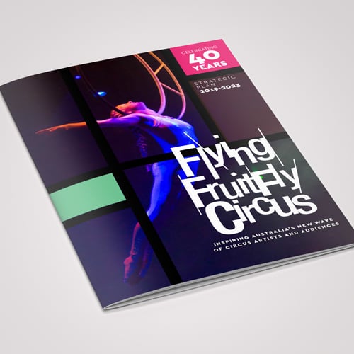 Flying Fruit Fly Circus strategic plan booklet mockup with an aerial performer on the cover
