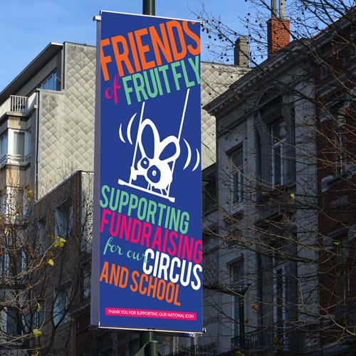 Friends of Fruit Fly fundraising banner for the circus and school hanging on a city street