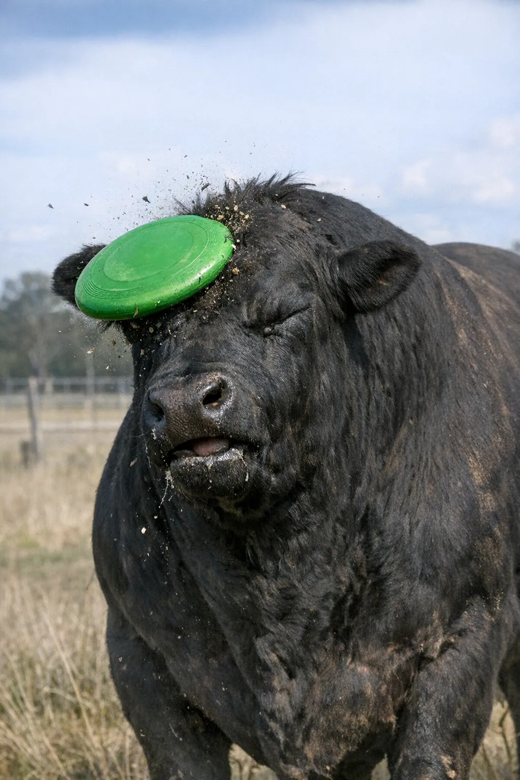 Black bull with a green frisbee landing on its head