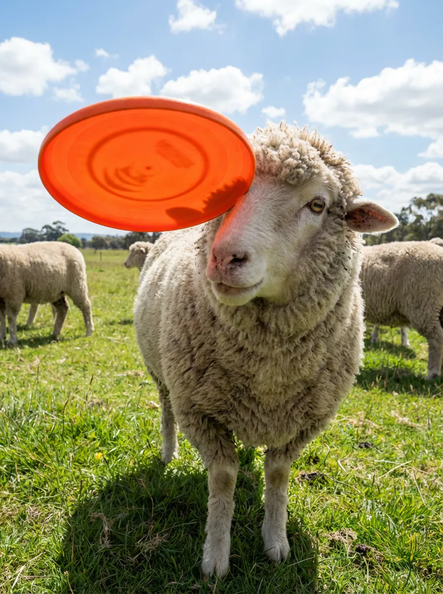 Sheep standing in a paddock with an orange frisbee beside its head