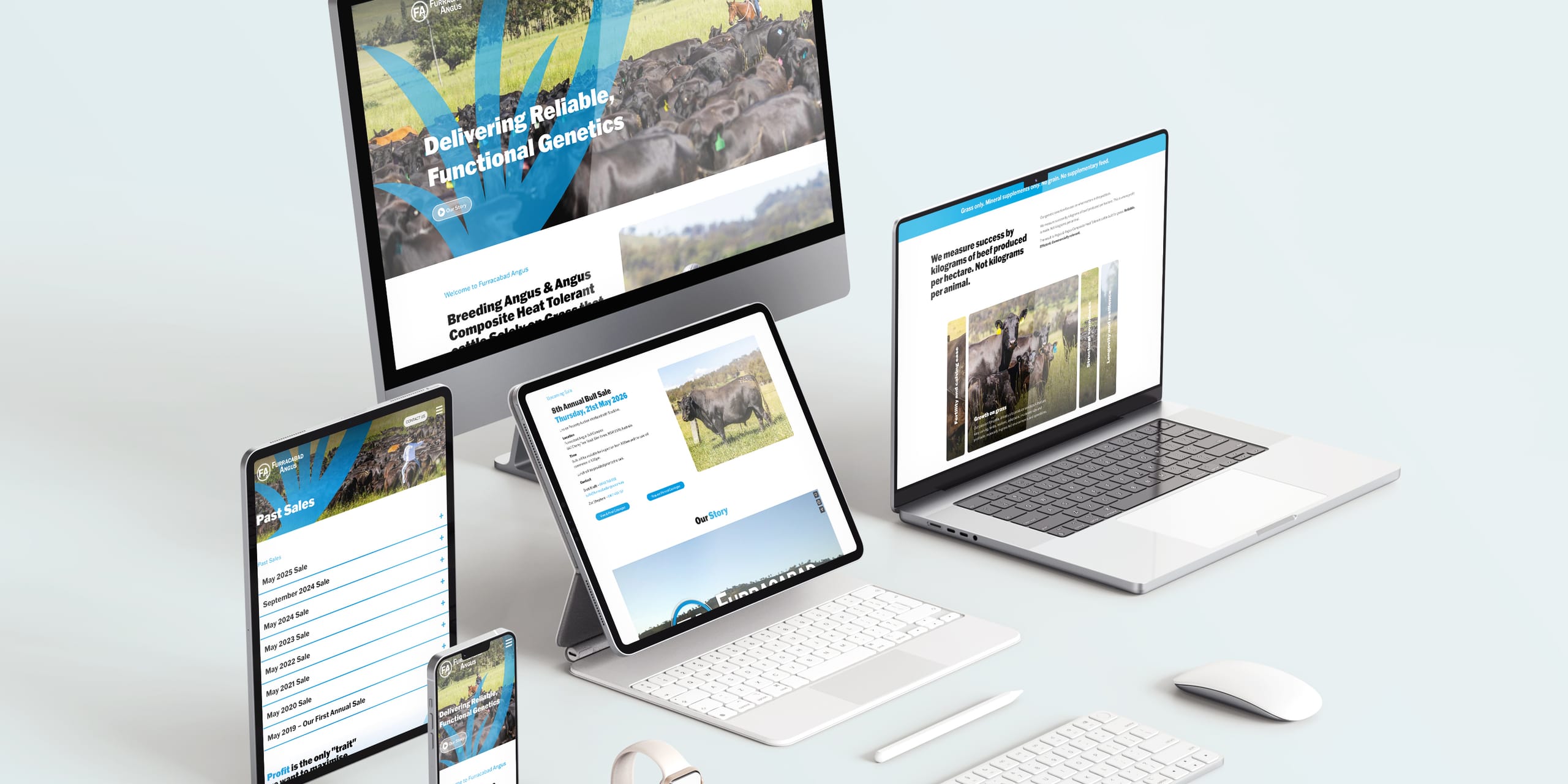 Responsive Furracabad Angus website shown across desktop, laptop, tablet, and phone screens