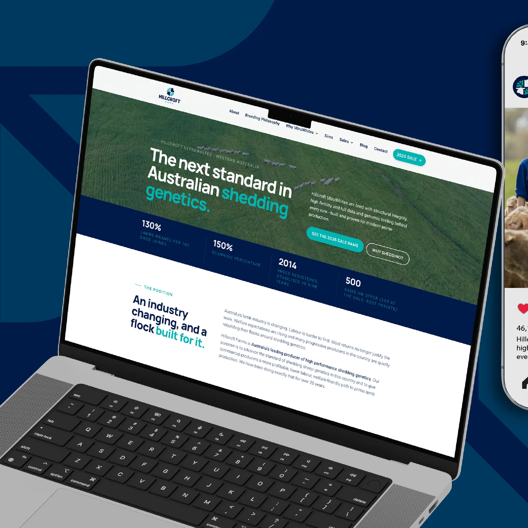 Hillcroft Farms website homepage shown on a laptop against a navy background