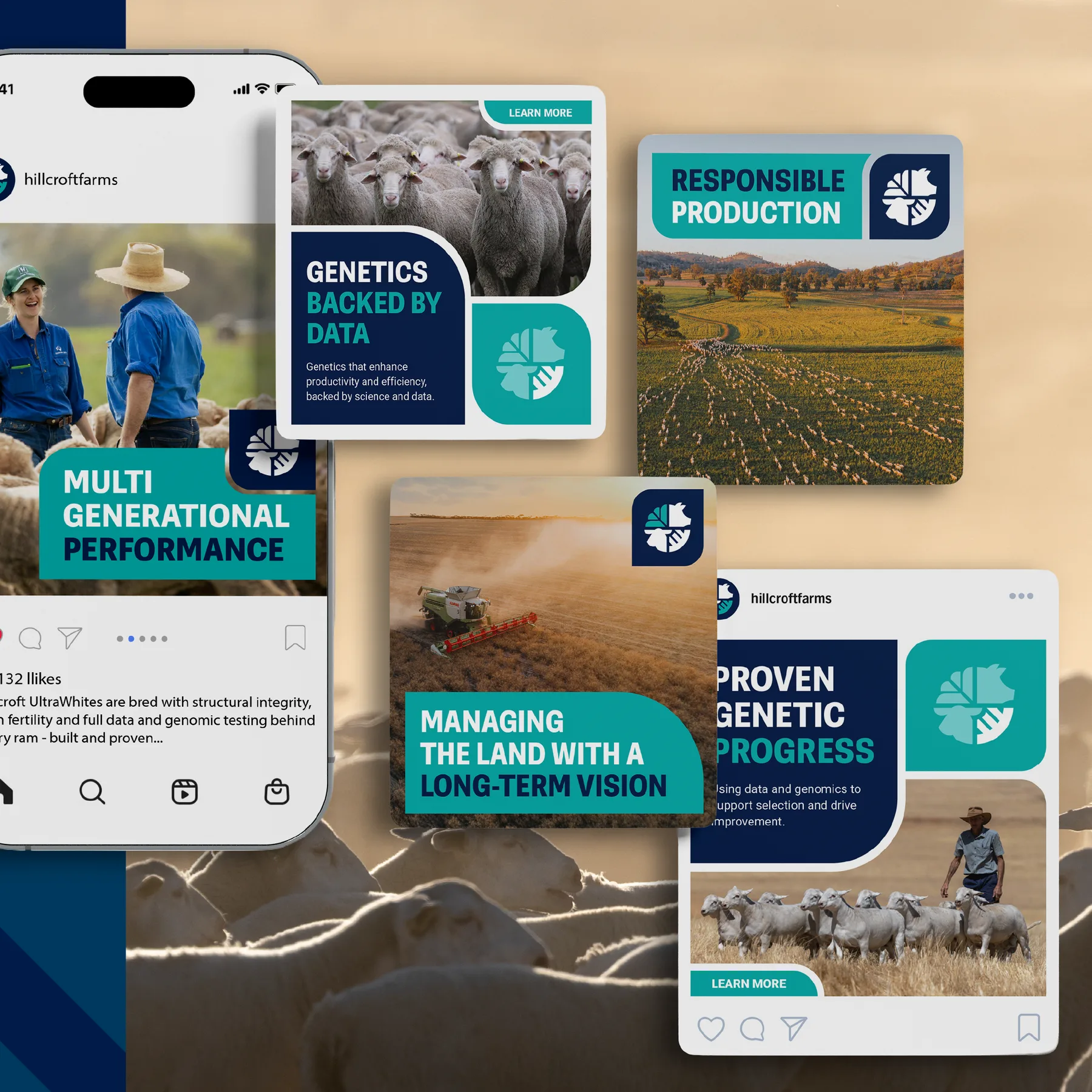 Hillcroft social media posts on brand pillars displayed on phone and poster mockups