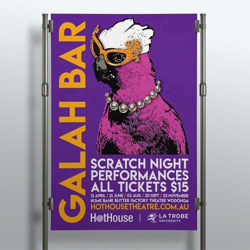 Purple Galah Bar scratch night poster with an illustrated pink galah wearing sunglasses