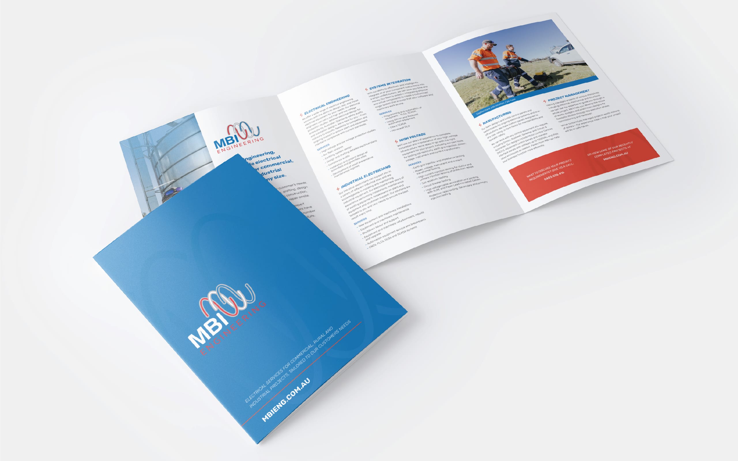 Printed MBI Engineering brochure and blue presentation folder mockup on a light surface