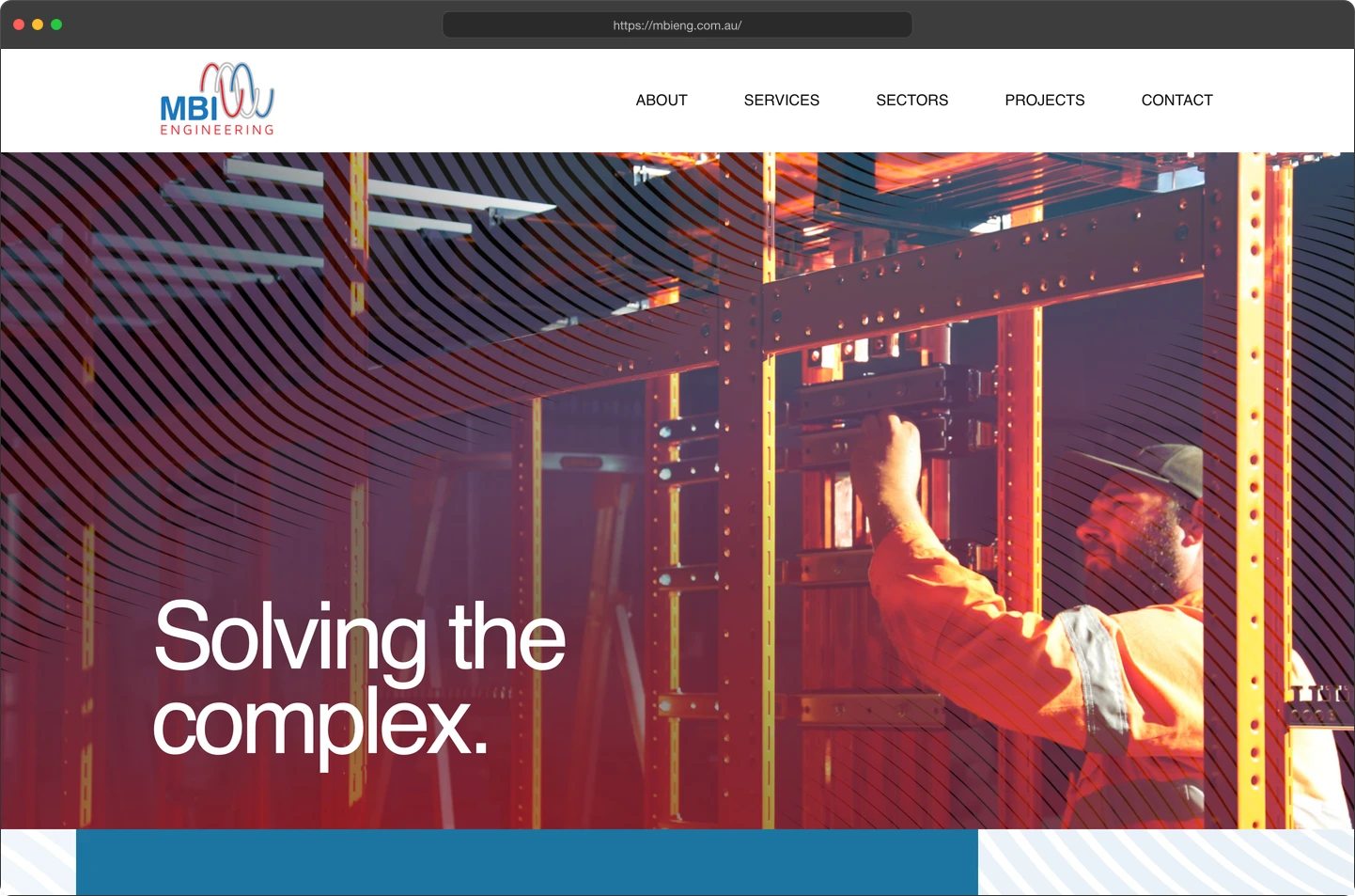 Browser mockup of the MBI Engineering website homepage with the headline Solving the complex