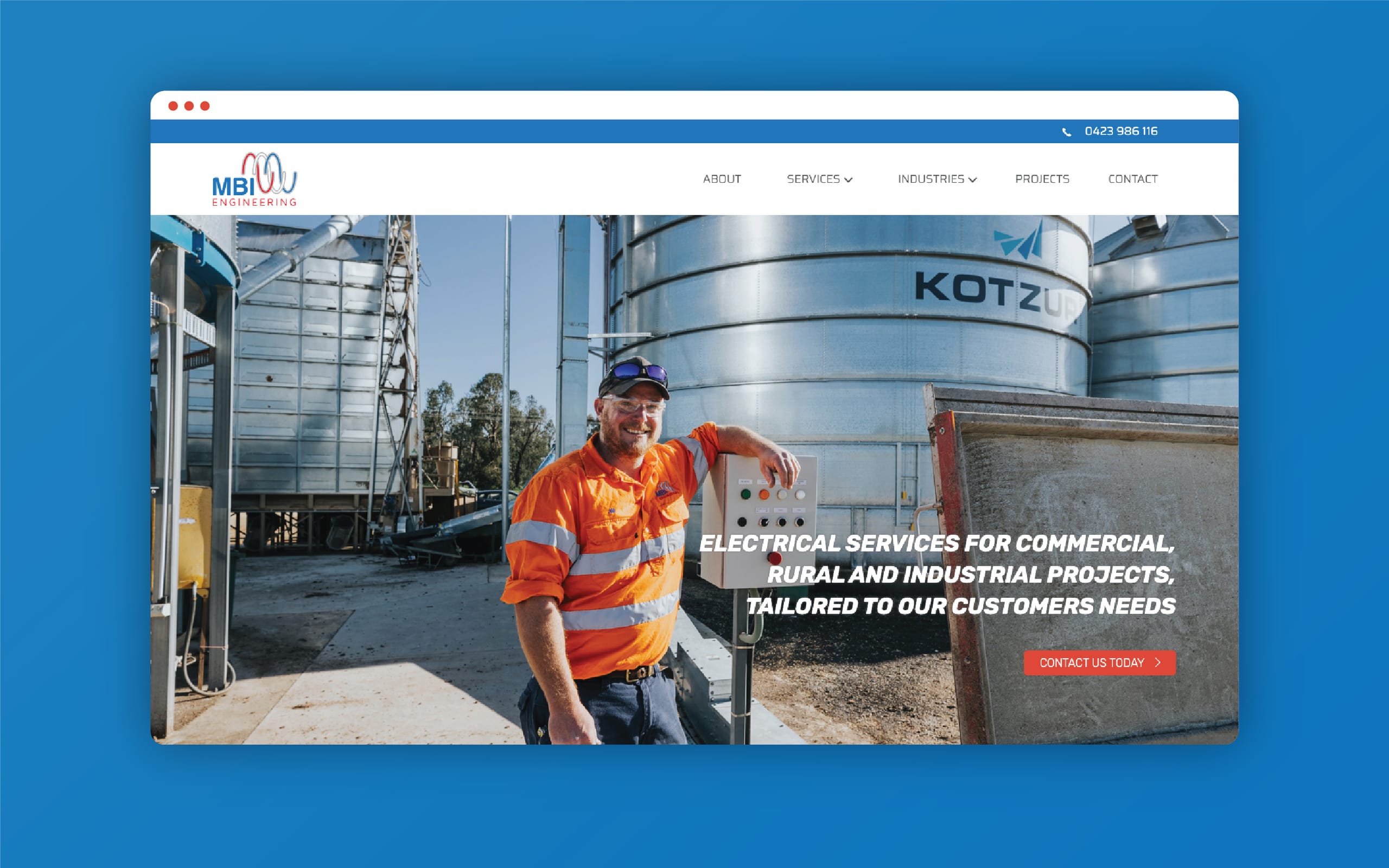 Desktop browser mockup of the MBI Engineering homepage with a worker at a grain silo