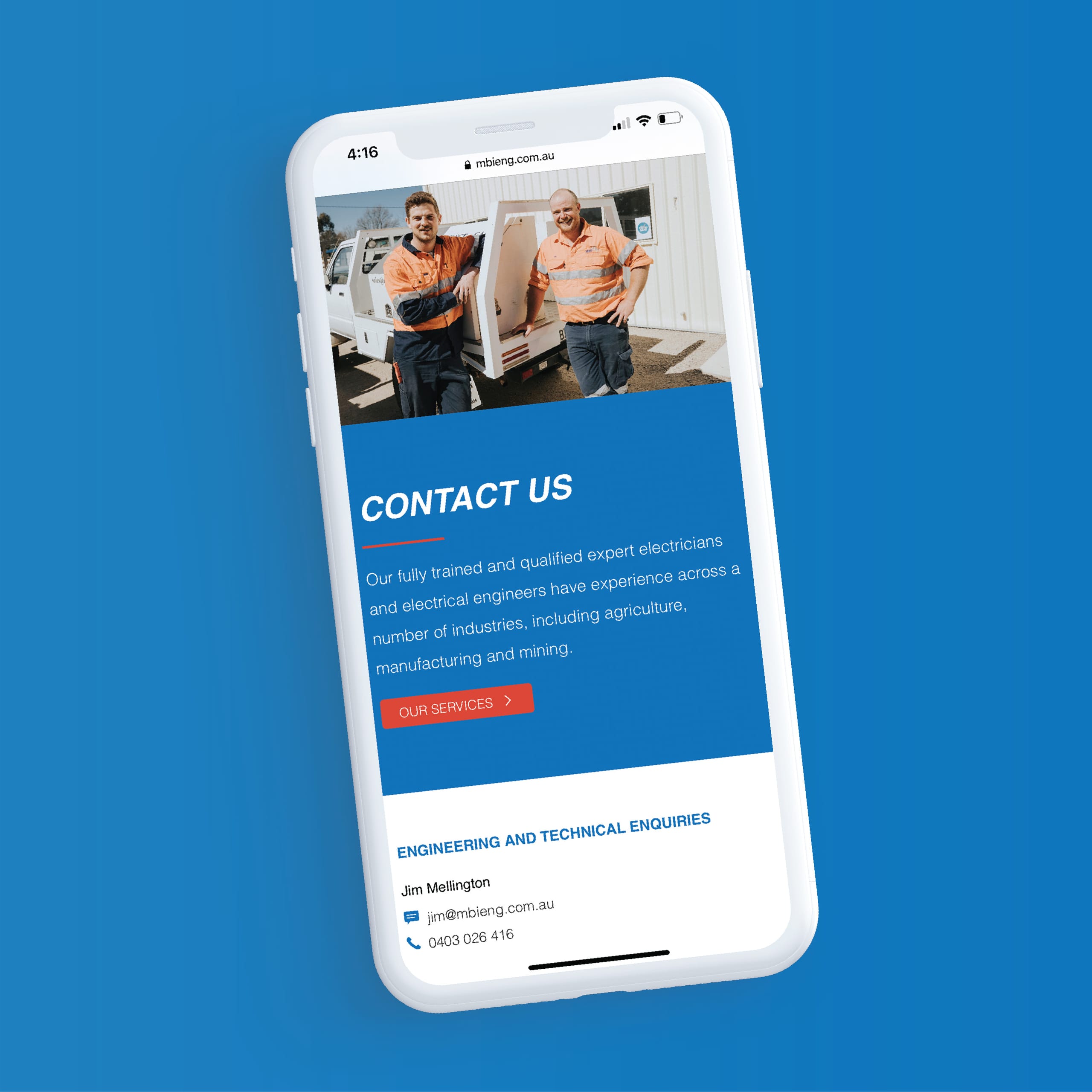 Smartphone mockup showing the MBI Engineering contact page on a blue background