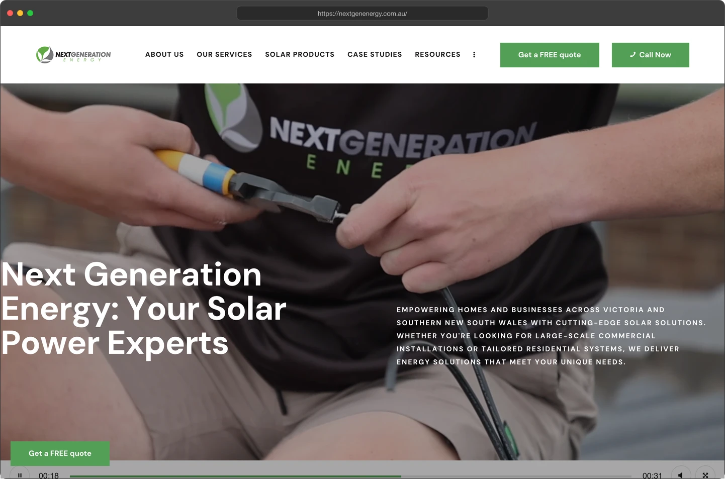 Browser mockup of the Next Generation Energy homepage showing solar service navigation