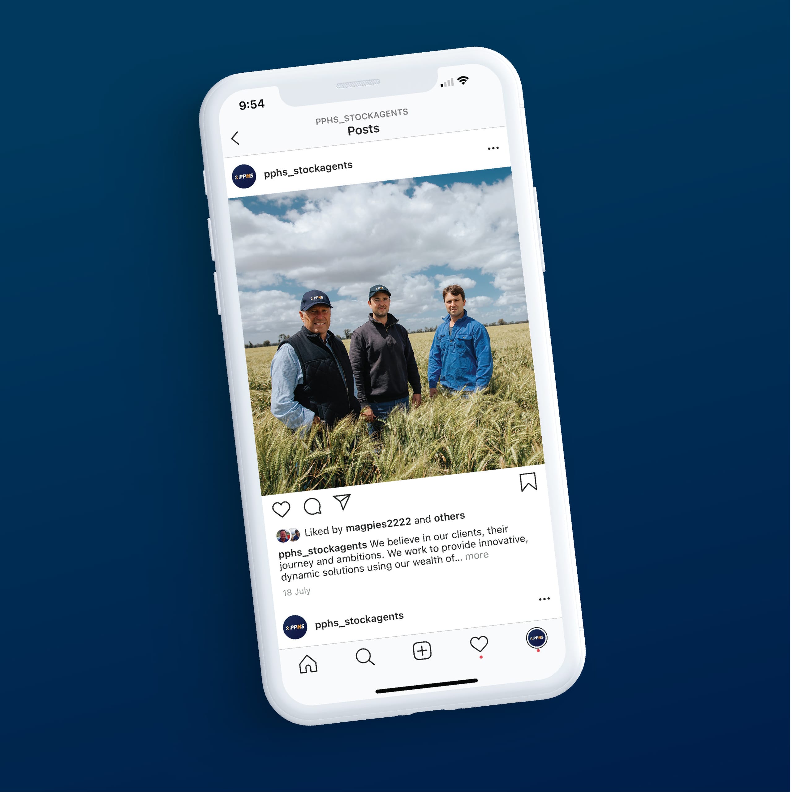Phone mockup showing a PPHS Instagram post featuring three men in a grain field