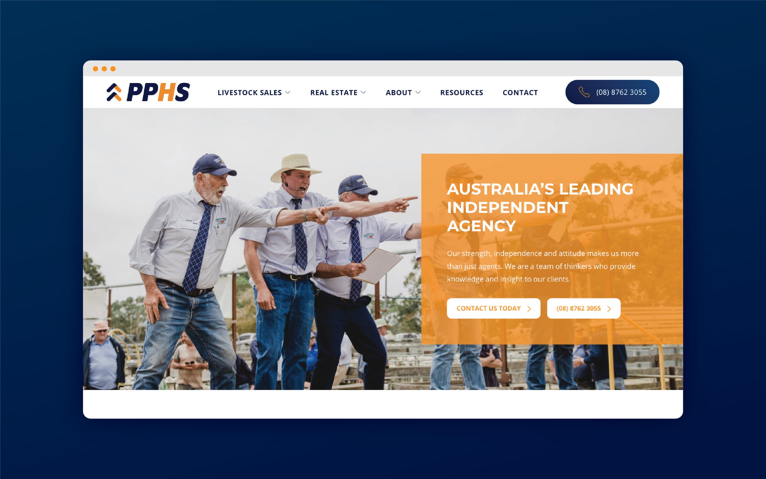 Desktop website mockup for PPHS showing a livestock auction hero image with an orange content panel