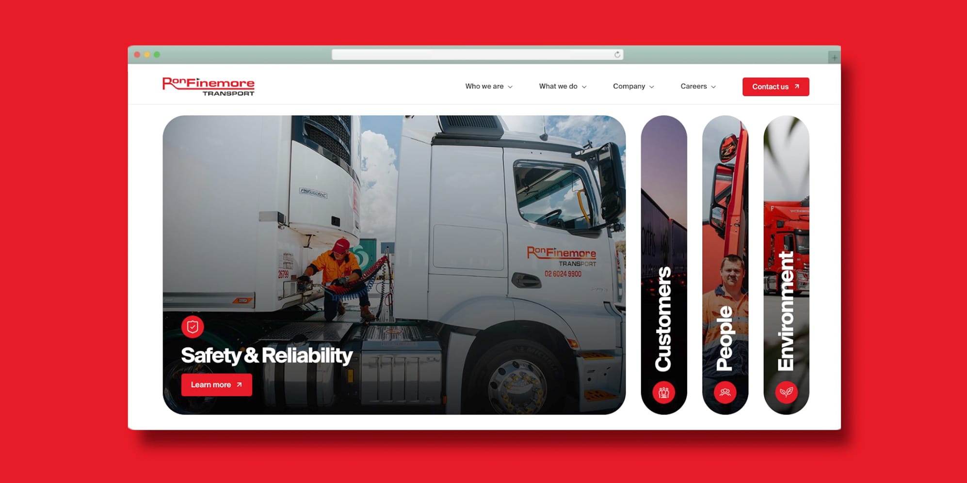 Wide browser mockup of the Ron Finemore Transport homepage on a red background