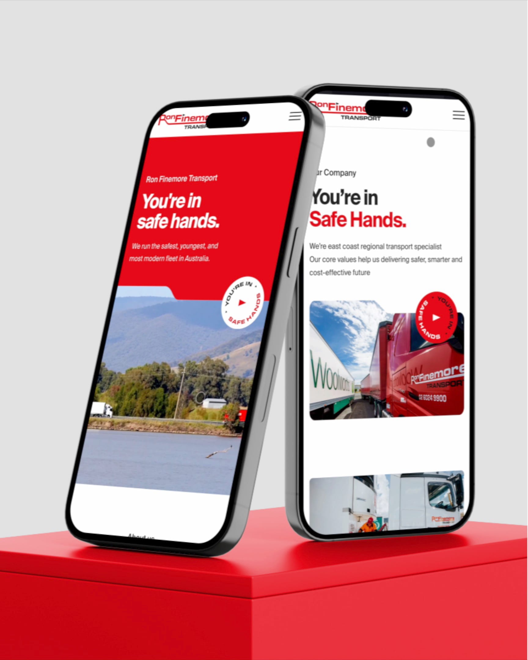Two phone mockups showing the mobile Ron Finemore Transport website