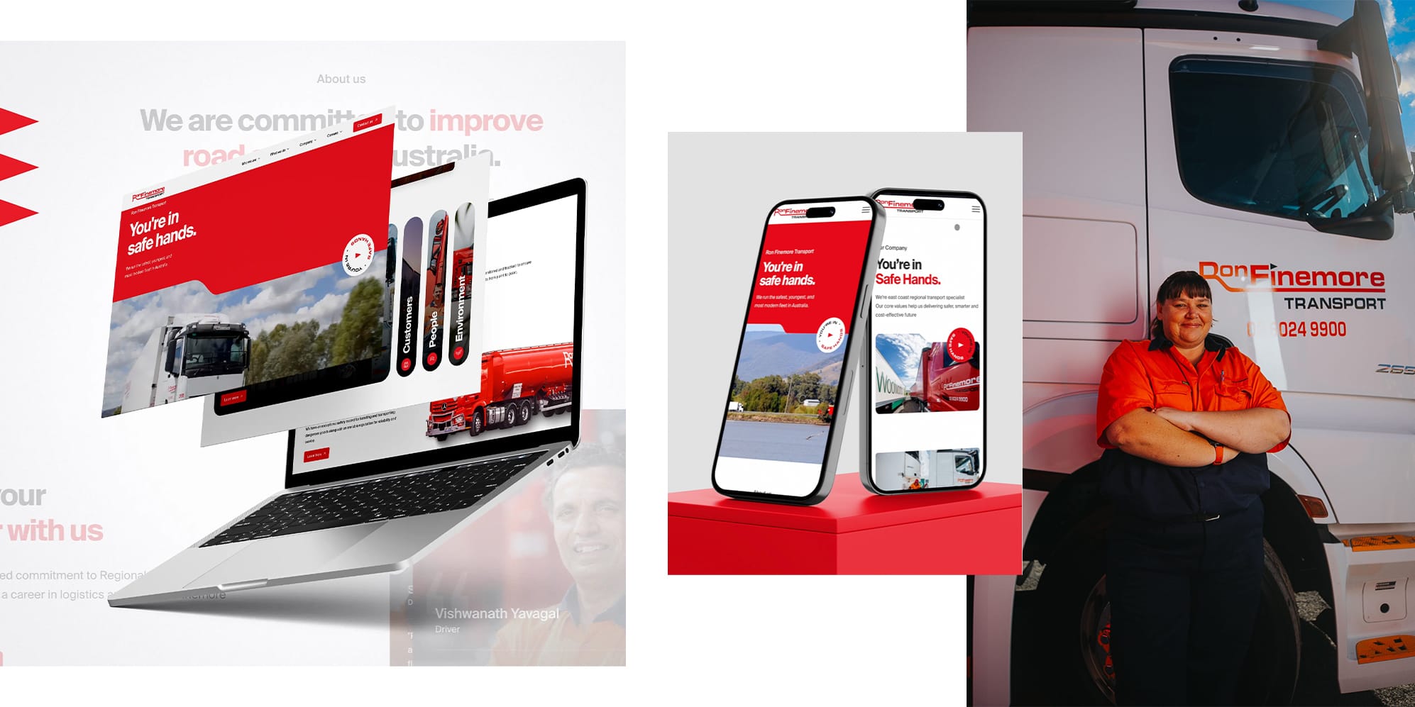 Browser mockup of the Ron Finemore Transport homepage with the safety message