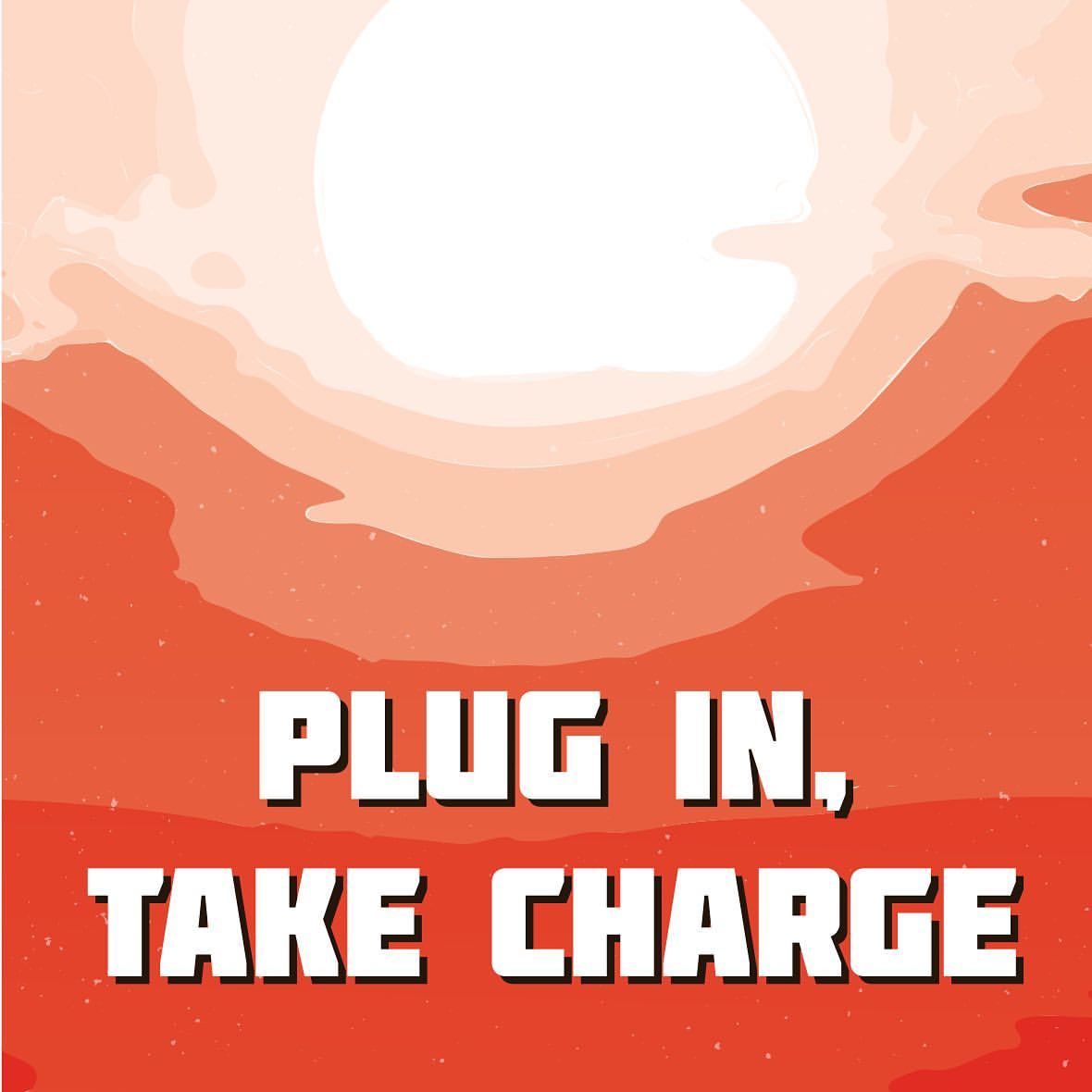 Graphic reading "Plug in, take charge" over an orange sun illustration
