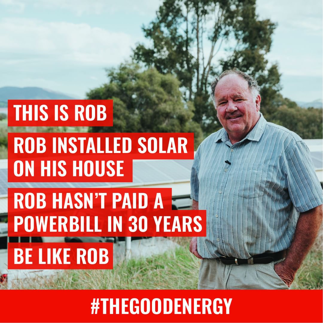 Promotional graphic showing Rob beside solar panels with text about not paying a power bill in 30 years