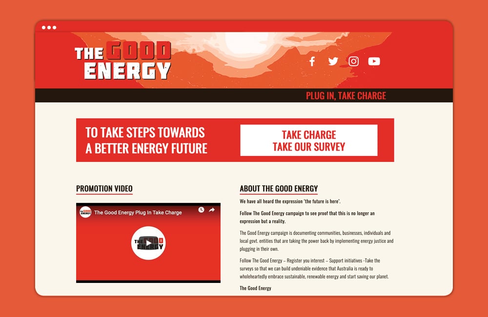 Mockup of The Good Energy campaign website displayed in a browser window on an orange background