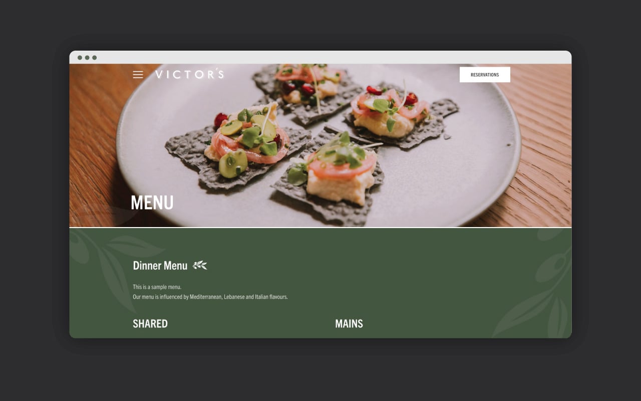 Victor's menu webpage shown in a desktop browser mockup